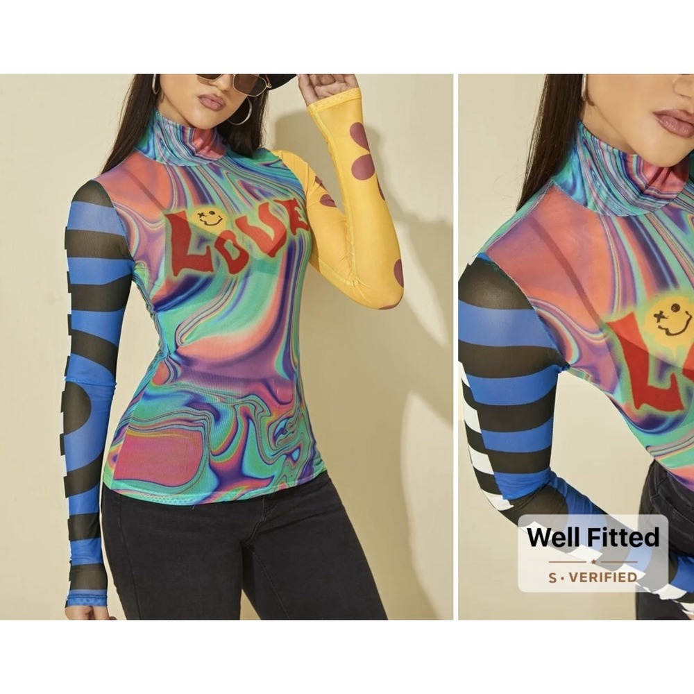 Sheer Top Hippy Fun Unique Love Logo Paisley Colorful Long Sleeve Soft Stretchy